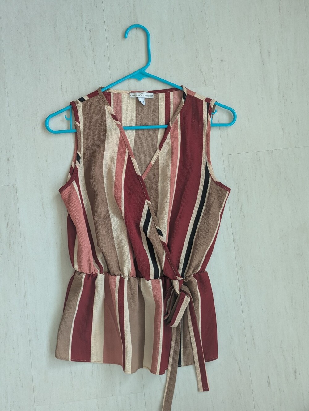 Moa Moa Striped Wrap-Front Sleeveless Top in Burgundy and Taupe